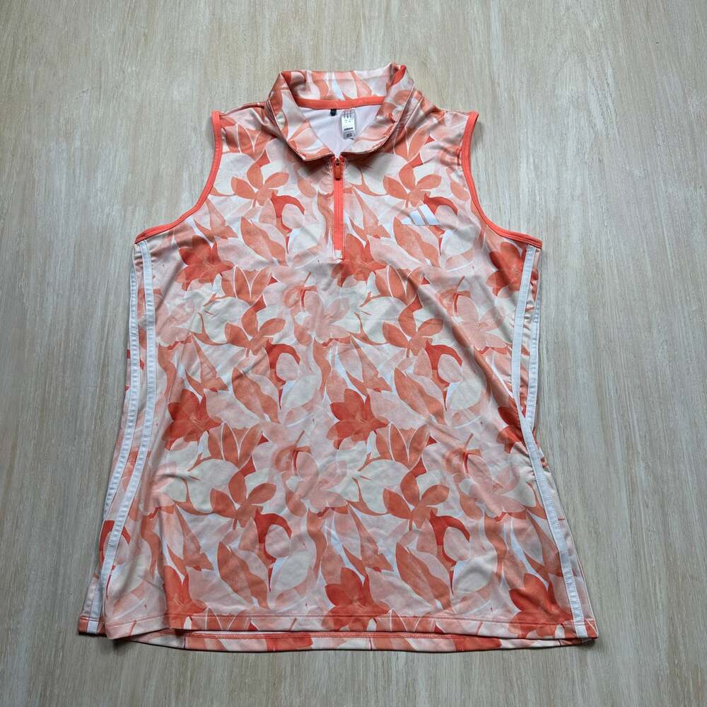 Adidas Floral Golf Tennis Quarter Zip Sleeveless Coral Peach Athletic Polo Top L